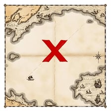 A parchment-style map with a red X marking a location.