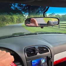 A car’s rearview mirror showing the road behind it.