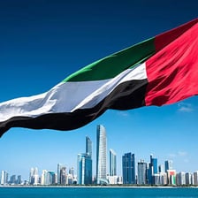 A United Arab Emirates flag with a modern skyline