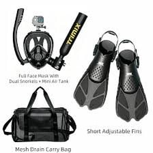 Scuba equipment including an air tank, mask, and fins.
