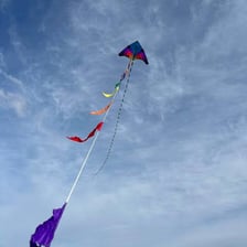 Several colorful kites flying in the wind.