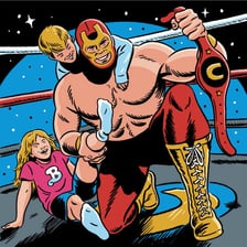 Two children play-wrestling, with one appearing to concede.