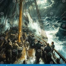 A ship rides rough waves beneath dark storm clouds.