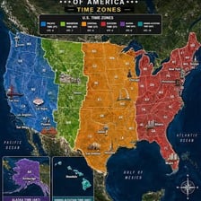 A map shows the four principal time zones across the contiguous United States.
