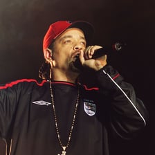 A portrait of rapper Ice-T performing