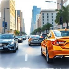 A four-door sedan traveling through city traffic