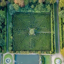 A hedge maze with paths leading toward an exit