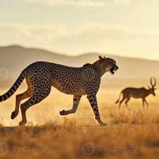 A cheetah sprinting across an open savanna.