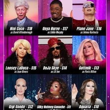 Contestants seated on the Snatch Game panel on RuPaul's Drag Race.