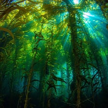 Tall kelp fronds growing in an underwater forest.