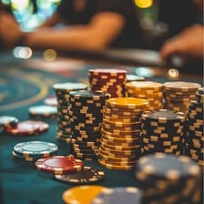 Betting chips arranged on a casino table.