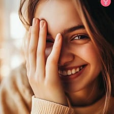 A shy person visibly blushing after a compliment