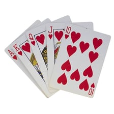A playing-card royal flush containing an ace, king, queen, jack, and ten.