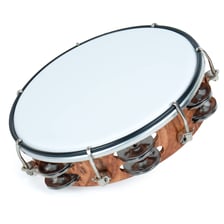 A handheld tambourine with a circular frame and metal jingles.