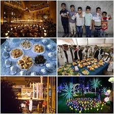 People celebrating Eid al-Fitr with festive decorations
