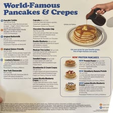 A restaurant menu displaying pancake dishes.