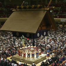 Sumo wrestlers competing in a traditional dohyo ring