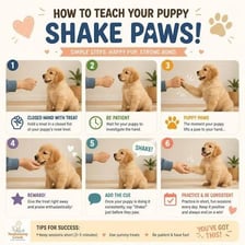 A puppy extending one paw as if performing the shake trick.