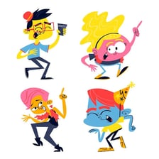 A brightly dressed comic character in an exaggerated pose.