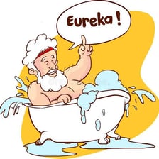 An illustration of Archimedes reacting excitedly to a discovery in a bath.