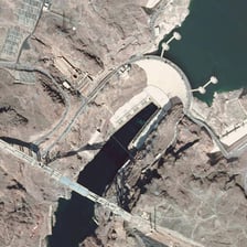 An aerial view of Hoover Dam spanning the Colorado River.