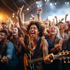 A concertgoer celebrates with arms raised.