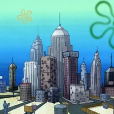 An illustration of Bikini Bottom, the underwater setting of SpongeBob SquarePants.
