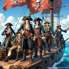 A group of pirates standing together on a ship’s deck