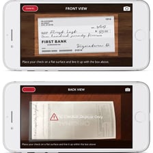 Smartphone banking app displaying a check-deposit screen