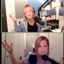 Jenna Fischer and Angela Kinsey recording or promoting the Office Ladies podcast