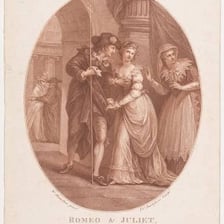 An artistic depiction of Romeo and Juliet meeting at the Capulet ball
