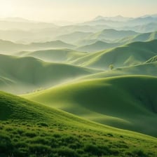 A broad grassy valley between rolling hills