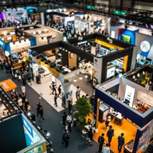 Displays and booths at a crowded trade fair