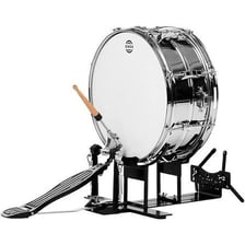 A snare drum positioned among the components of a drum set