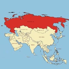 A map showing Russia extending across Europe and Asia, with most territory in Asia