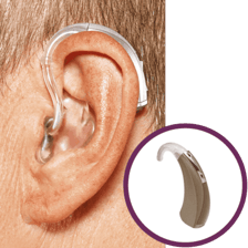 A behind-the-ear hearing aid positioned on a human ear.