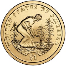 A U.S. dollar coin bearing Sacagawea’s portrait.