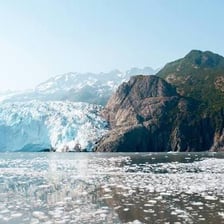 A glacier and fjord landscape in Kenai Fjords National Park, Alaska