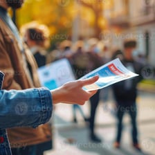 Printed leaflets being distributed to people in a public plaza.