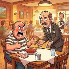 A diner ordering tomato soup from a server.