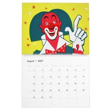 An August calendar page decorated with a clown motif