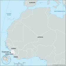 A map of Sierra Leone marking its capital, Freetown.