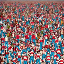 Waldo, wearing a red-and-white striped shirt, is hidden among a crowd of illustrated figures.