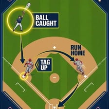 A baseball runner leaving a base after a fly ball is caught.