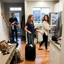 A person arriving home while another person looks surprised