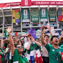 Soccer fans cheering in the stands of a large stadium