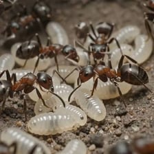 A queen ant among worker ants in a colony nest