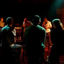 A live music stage inside a performance venue