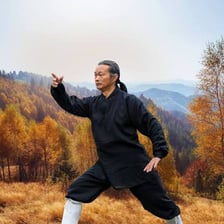 A person practicing a tai chi movement outdoors