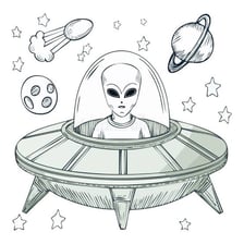 An illustration of extraterrestrial beings inside a flying saucer